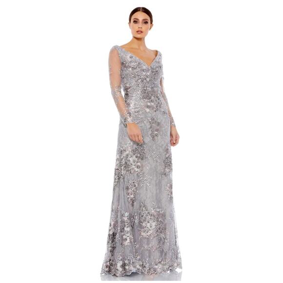 Mac Duggal 16 platinum embellished v neck illusion long sleeve gown lace bride - Picture 1 of 8